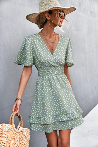 Women's Boho Dress V-neck Ruffle-Sleeved Waist Wrap Mini Dress