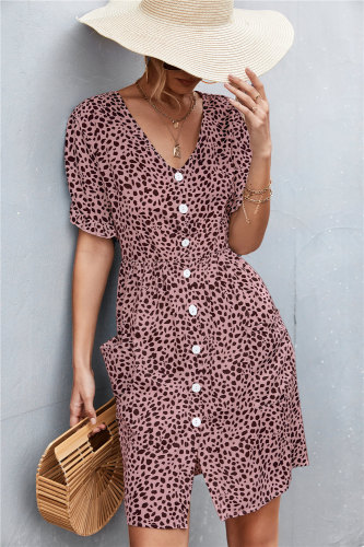 Women's Mini Dress Short Sleeve V-Neck Button Down with Pocket Floral Print Boho Dress
