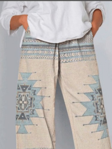 Women Mid Rise Pant Aztec Ethnic Geometric Casual Loose Wide Leg Pant