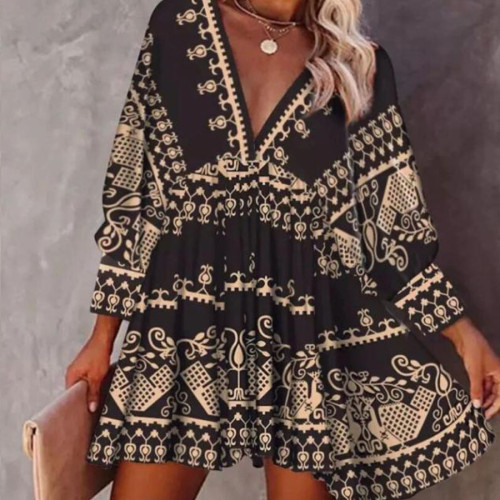 2022 Women's Beach Dress Ethnic Black Print V-Neck Loose Mini Dress