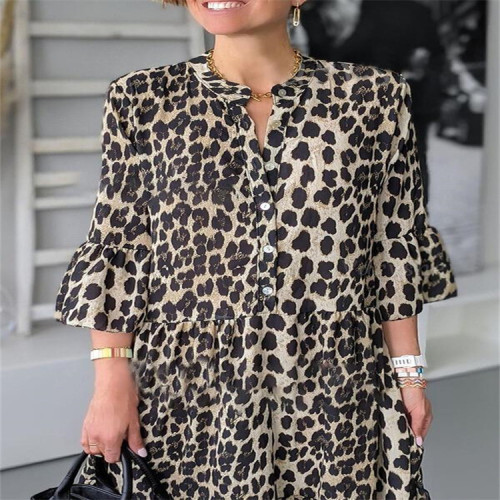 2022 Leopard Print Button Down 3/4 Sleeve Casual Women Midi Dress