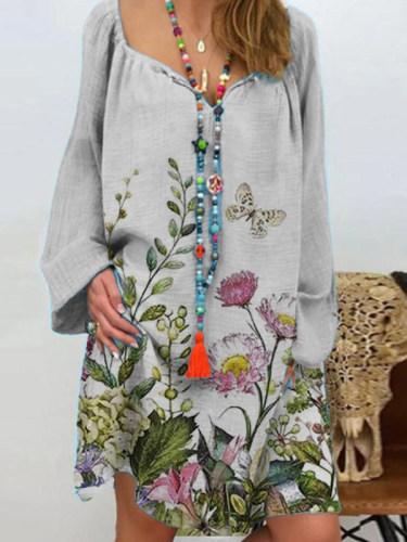 Women's Plus Size Loose V-Neck Long Sleeve Butterfly Print Mini Dress