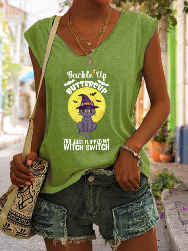 Buckle Up Buttercup You Just Flipped My Witch Swith Graphic Tees Women's Casual Loose T-Shirts Cap Sleeve Cowgirl Top