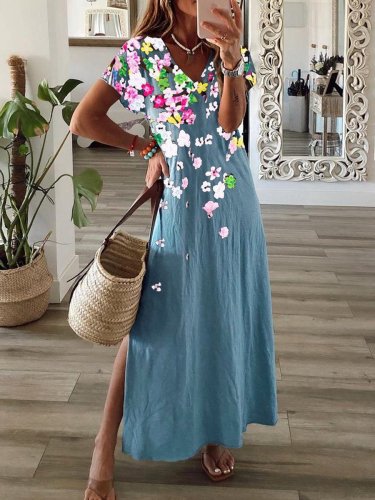 2022 Women's Maxi Dress Colorful Floral Print Holiday Slit Casual Dress
