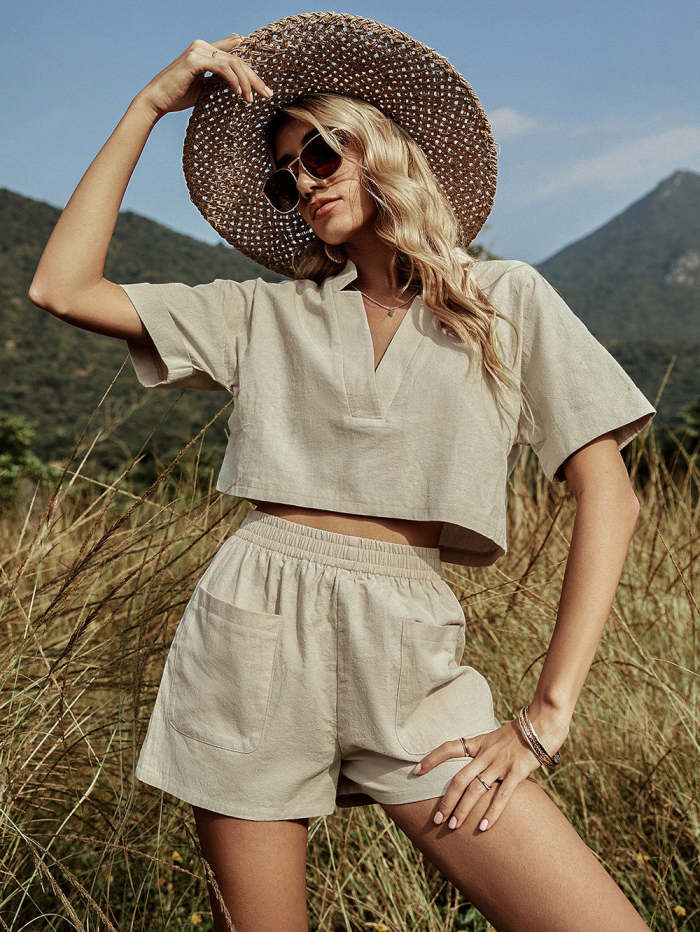 Women's 2 PieceV-Neck Crop Top and Shorts Set