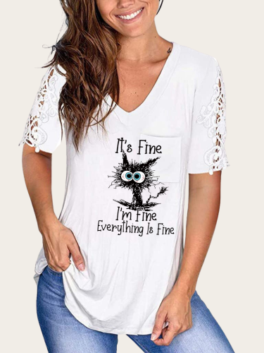 I am Fine Everything Is Fine Cat Shirt Cotton Soft Women Shirt with Embroidered Lace Sleeves V Neck Tunic Shirts