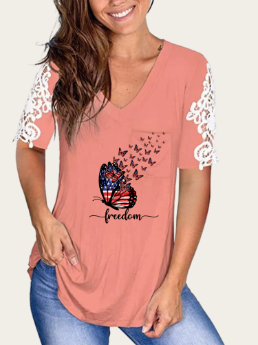 American Flag With Butterfly Flying Cotton Soft Women Shirt with Embroidered Lace Sleeves V Neck Tunic Shirts