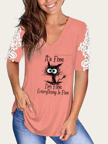 I am Fine Everything Is Fine Cat Shirt Cotton Soft Women Shirt with Embroidered Lace Sleeves V Neck Tunic Shirts