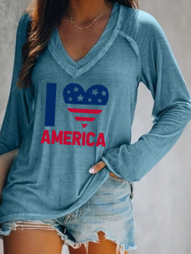 I Love American Flag Loose Cutting Relax Fit V Neck Long Sleeve Pullover Top