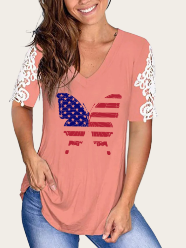 Butterfly With American Flag  V-Neck Lace Short Sleeve TunicT-Shirt