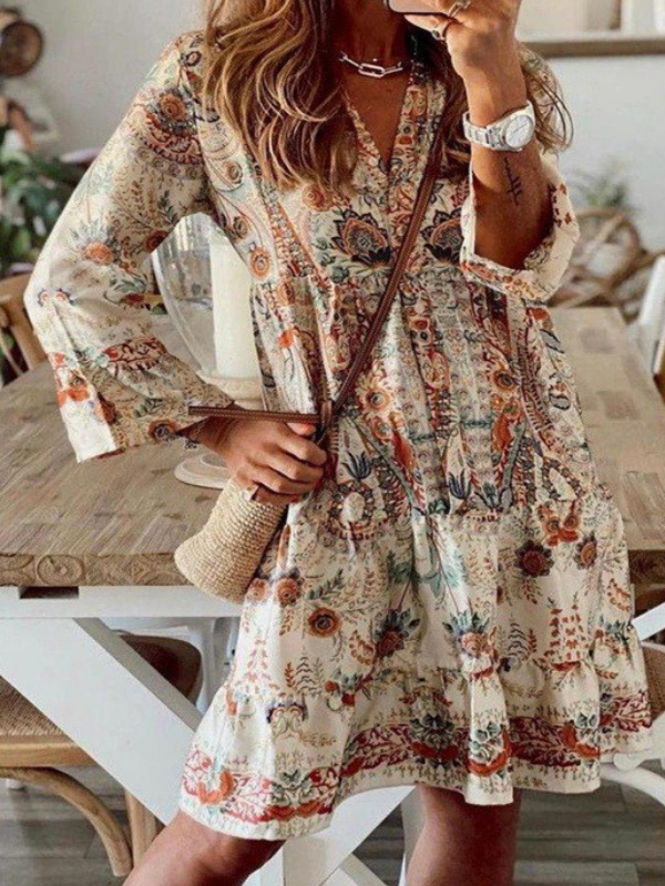 Women's Bohemian Dress Floral V-Neck Long Sleeve Boho Mini Dress