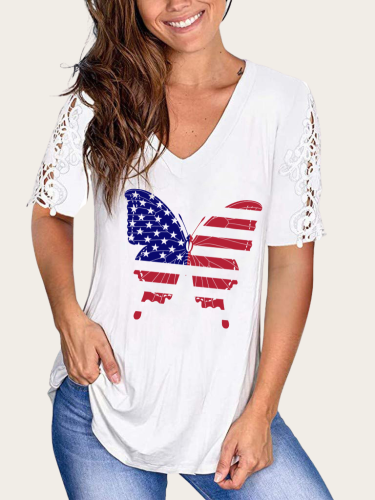 Butterfly With American Flag  V-Neck Lace Short Sleeve TunicT-Shirt