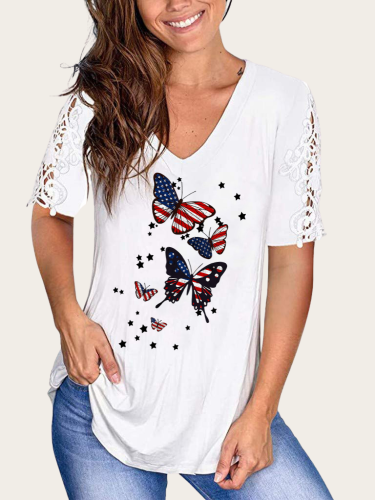 Flying Butterfly With American Flag  V-Neck Lace Sleeve TunicT-Shirt