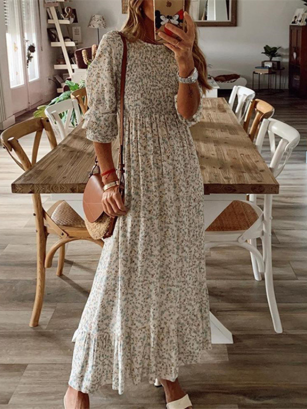 Women's Boho Beach Maxi Dress Floral Print Mid-Sleeve Bohemian Summer Dress