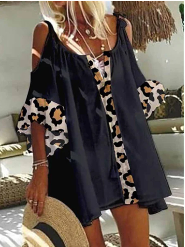 Women's Oversized Leopard-print Loose Plus Size V-Neck Hollow out Sleeve Mini Dress