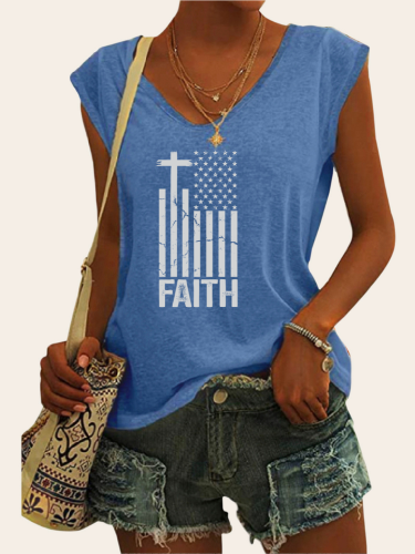 Faith With American Flag Shirt  Loose Cutting V Neck Cap Sleeve Tank Top