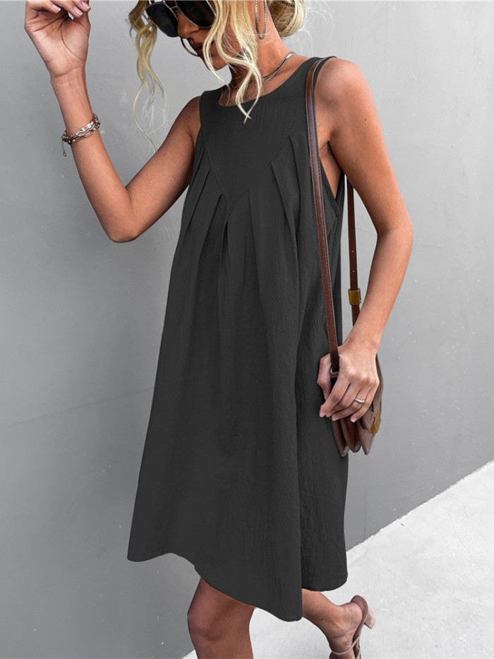 Vintage Sleeveless Ruched Solid Mini Dresses Casual O-neck Loose Summer Dress