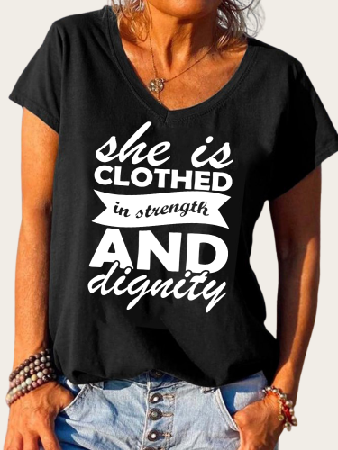 She is Cloth In Strength & Dignity  Christian Tee Shirt Loose Cutting V-neck T-Shirt