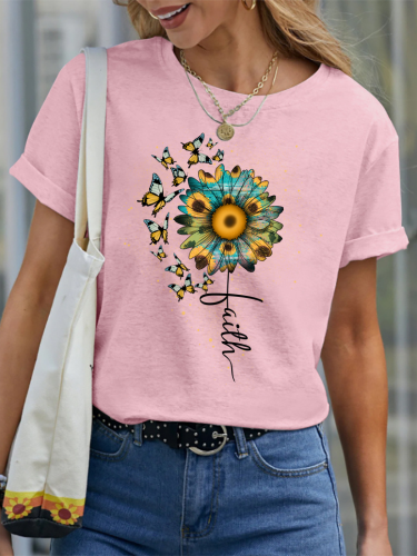 Faith With Sunflower & Butterfly Christian Tee Shirt O-Neck Casual Short Sleeve T-Shirt