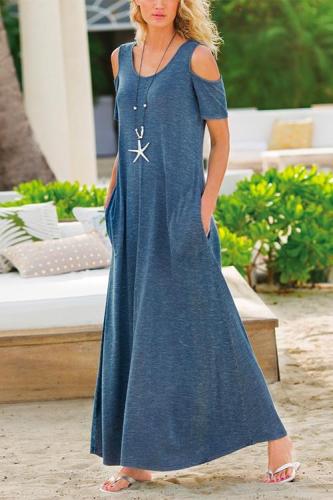 Solid Cold Shoulder Maxi Swing Dress With Pockets