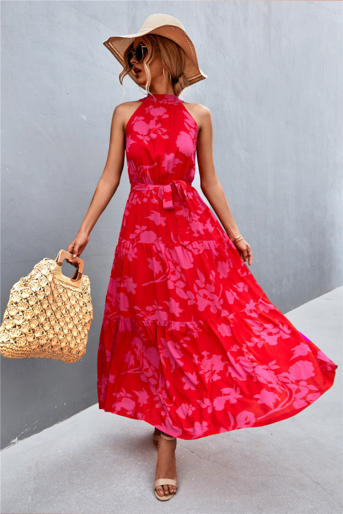 Women's Bohemia Floral Print Sleeveless Maxi Dress Halter Ruffles Party Holiday Dress