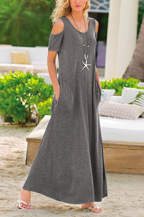 Solid Cold Shoulder Maxi Swing Dress With Pockets