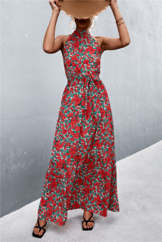 Bohemia Floral Print Sleeveless Maxi Dress Halter Ruffles Party Holiday Dress