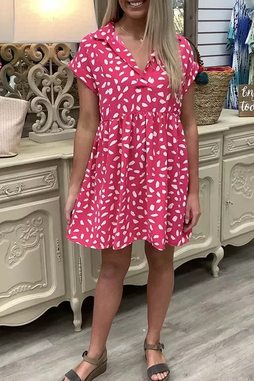 Lapel Short Sleeve Leopard Swing Mini Dress