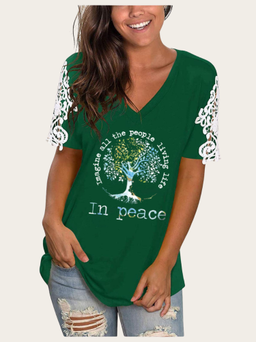 Imageine all people living life in peace V-Neck Lace Short Sleeve TunicT-Shirt