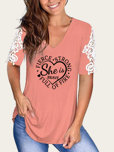 She is Brave, Full Of Fire Heart Shape V-Neck Lace Short Sleeve TunicT-Shirt