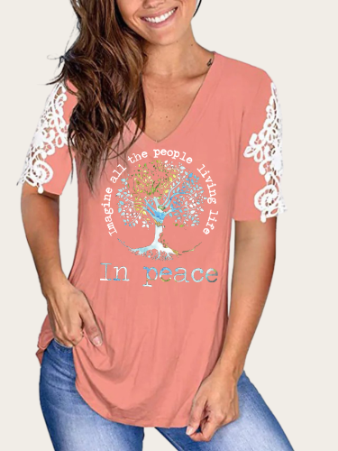 Imageine all people living life in peace V-Neck Lace Short Sleeve TunicT-Shirt