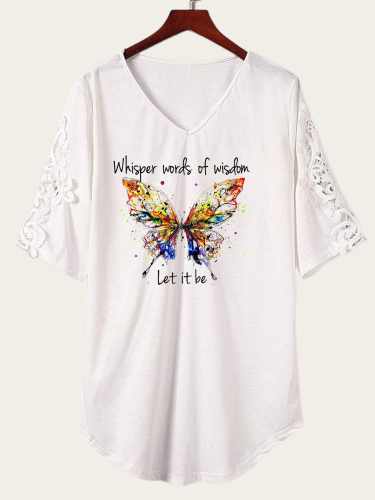 Whisper Words Of Wisdom Let It Be Butterfly V-Neck Lace Short Sleeve TunicT-Shirt