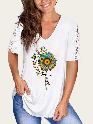 Faith With Sunflower & Butterfly V-Neck Lace Short Sleeve TunicT-Shirt