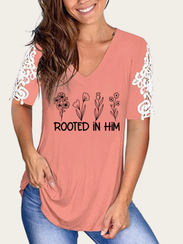 Rooted In Him  V-Neck Lace Short Sleeve TunicT-Shirt