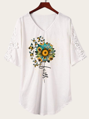 Faith With Sunflower & Butterfly V-Neck Lace Short Sleeve TunicT-Shirt