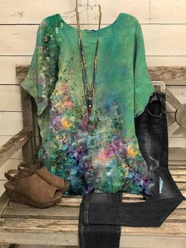 Cotton And Linen Loose Oil Painting Print Short-sleeved Blouse