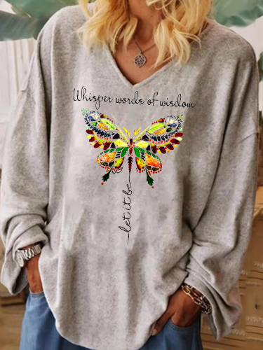 Whisper Words Of Wisdom Let It Be Butterfly Extra Large Drop Shoulder Long Sleeve V Neck Wide Cuff  Women Tunic Shirt