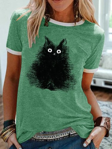 Cat Drawing Print Casual Short Sleeve T-Shirt