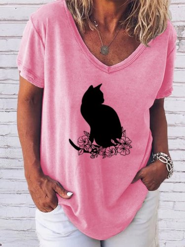 Casual Simple Cat Floral Print V-Neck T-Shirt