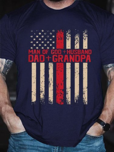 Man Of God Husband Dad Grandpa American Flag Vintage Cotton Short Sleeve T-Shirt