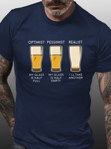 Optimist&Pessimist&Realist Funny Beer Print Short sleeve T-shirt
