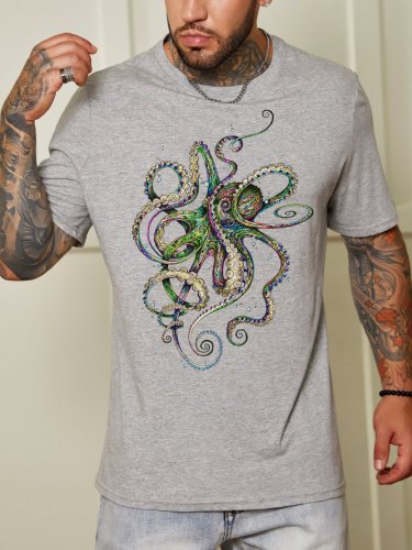 Men's Casual Personality Octopus Print Crew Neck T-Shirt