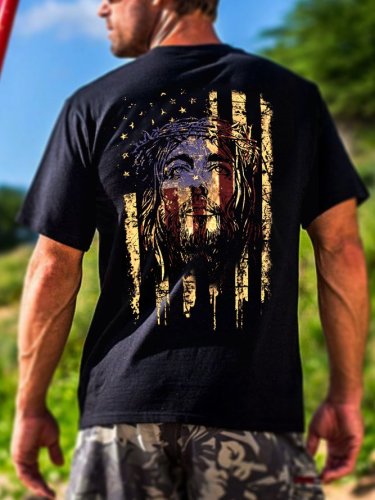Men's Casual American Flag Jesus Back Print T-Shirt