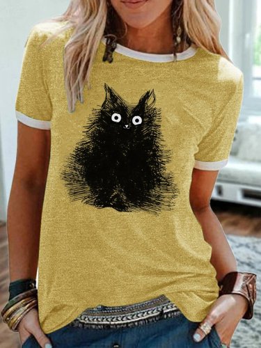 Cat Drawing Print Casual Short Sleeve T-Shirt
