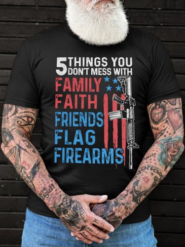 Women's 5 THINGS YOU DON'T MESS WITH FAMILY FAITH FRIENDS FLAG FIREARMS Round Neck Cotton Casual Short Sleeve T-Shirt
