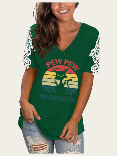 Pew Pew Madafakas Cat  Shirt V-Neck Lace Short Sleeve TunicT-Shirt
