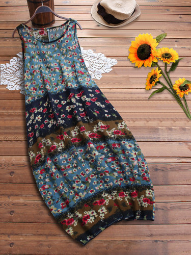 Plus Size Boho Maxi Dress Floral Print Crew Neck Sleeveless Lantern Dress