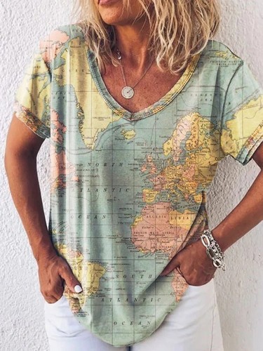 Map Print V-Neck Loose Short Sleeve T-Shirt