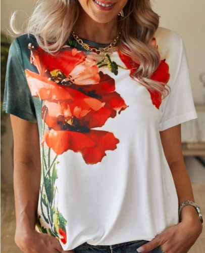 Women's Floral T-shirts Crew Neck Short Sleeve Watercolor Floral Print Top
