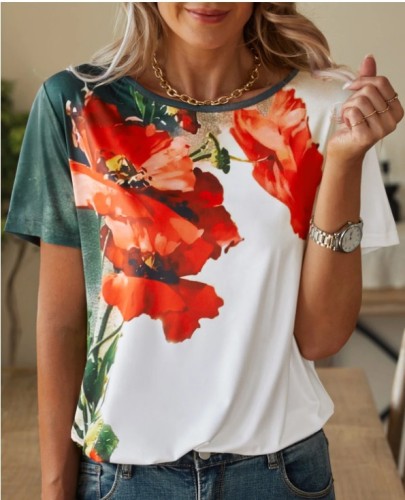 Women's Floral T-shirts Crew Neck Short Sleeve Watercolor Floral Print Top